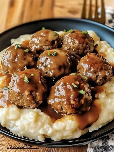 old easy recipes | Salisbury Steak Meatballs with Mushroom Gravy 🍄 | Facebook Meatballs With Mushroom Gravy, Salisbury Steak Meatballs, Slow Cooker Salisbury Steak, Gravy Ingredients, Mushroom Gravy, Salisbury Steak, Paula Deen, Old Recipes, Salisbury