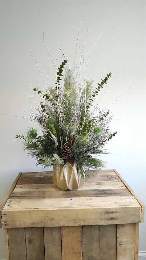 Natural decor is a hot trend this year.  Here,  I set it a satin gold vase.  #christmasarrangement #centerpiece Gold Vase Christmas Decor, Corporate Holiday Party, White Branches, Winter Designs, Winter Centerpieces, Christmas Centers, Gold Vase, Thanksgiving Tablescape, Yellow Vase