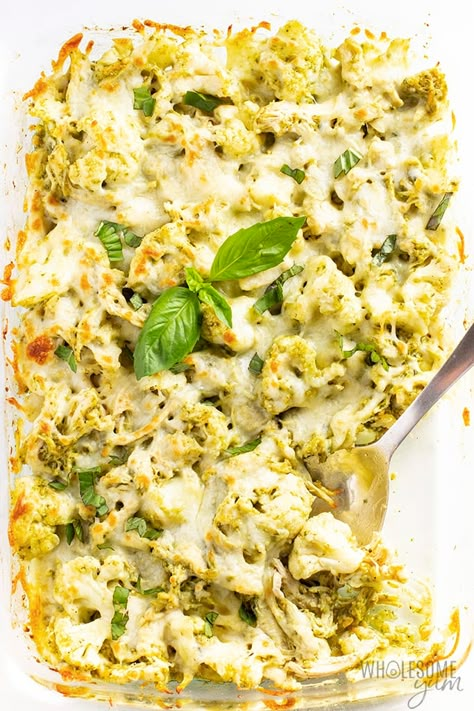 Chicken Pesto Casserole, Pesto Casserole, Pesto Chicken Casserole, Keto Pesto Chicken, Keto Pesto, Keto Recipes Chicken, Chicken Cauliflower Casserole, Cauliflower Casserole Recipes, Loaded Cauliflower Casserole