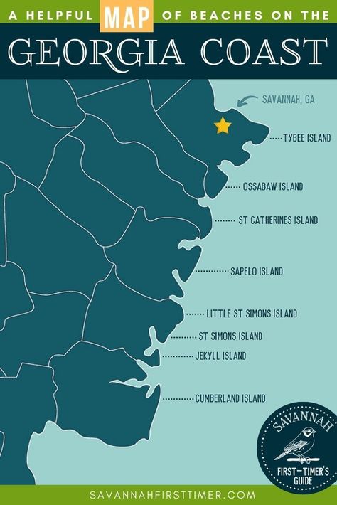 Pinnable graphic of a Georgia Coast Map in shades of blue and green, with the word "map" highlighted in yellow. ©Savannah First-Timer's Guide Savannah Georgia Map, Georgia Beaches, Coastal Georgia, Tybee Island Georgia, Georgia Map, Cumberland Island, Georgia Coast, East Coast Road Trip, Beach Destinations