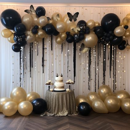 Birthday Decor Gold And Black, Black Gold And Silver Graduation Party, Black Centerpieces For Party, Black And Gold Themed Graduation Party, Black White Silver Gold Birthday Decorations, Graduation Home Party Ideas, Balloon Decorations For 50th Birthday, Black And Golden Theme Birthday Party, Black And Gold Party Decorations Simple