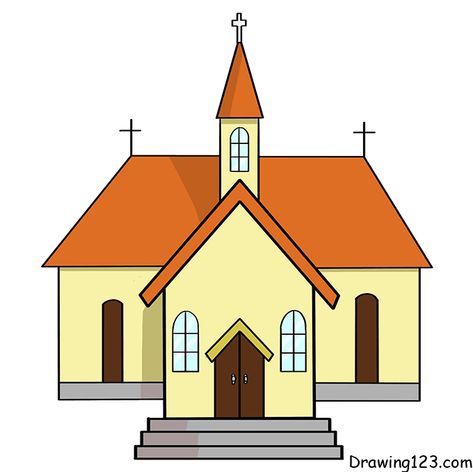 Landscape Drawing Tutorials - How to draw Landscape step by step Church Drawing, Cartoon Building, Blending Colored Pencils, Winter Drawings, Easy Cartoon Drawings, Church Pictures, Easy Drawing Tutorial, Cartoon House, Building Drawing