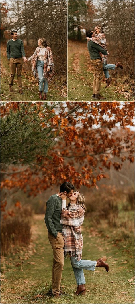 Fall Anniversary Photo Shoot Ideas, Fall Engagement Pictures Color Scheme, Fall Outfits Women Engagement Photos, Engagement Photo Fall Outfit Ideas, Engament Picture Ideas Fall, Fall Engagement Outfits Men, Fall Photoshoot Outfits Couples 2023, Rustic Fall Engagement Pictures, Engagement Photos Outfits Fall Country