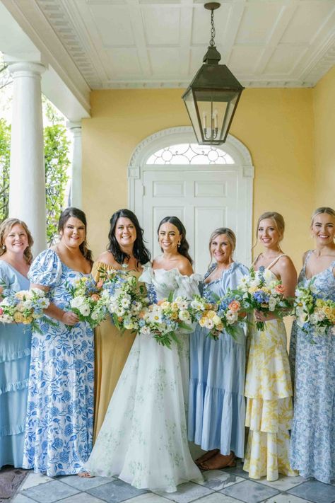 Yellow Blue Bridesmaid Dresses, Blue Green Yellow Bridesmaid, Mixed Florals Bridesmaids, Pastel Yellow And Blue Wedding Bridesmaid Dresses, Blue Yellow Bridesmaid Dresses, Blue And Yellow Floral Dress, Light Blue And Yellow Bridesmaid Dresses, Blue Green Yellow Wedding Colors, Blue Green Yellow Bridesmaid Dresses