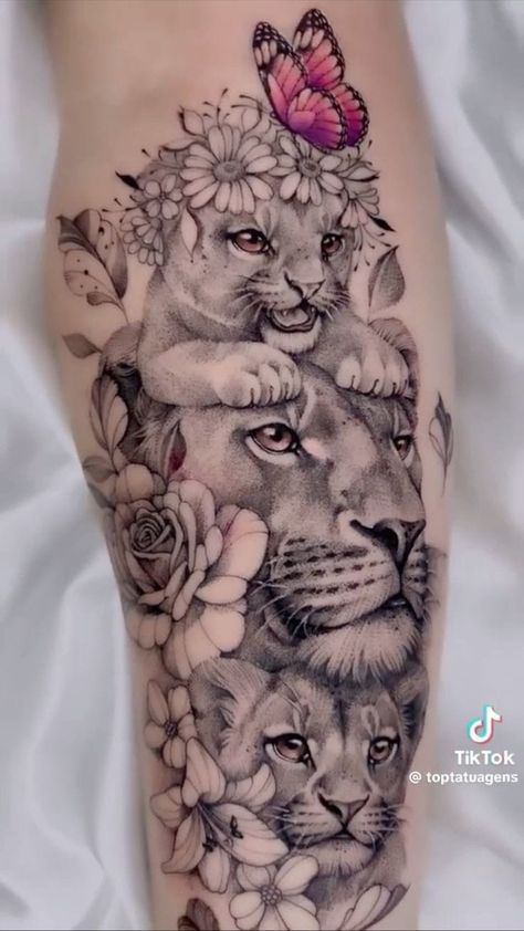 Lioness And Cub Tattoo, Symmetrical Tattoo, Cow Tattoo, Lioness Tattoo, Girl Arm Tattoos, Hand And Finger Tattoos, Mom Tattoo Designs, Clock Tattoo Design, Butterfly Tattoos For Women