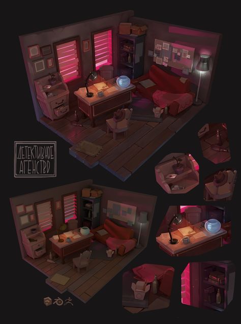 Concept Artist Portfolio, Perspective Room, Interior Concept Art, Detective Game, Props Concept, Bg Design, Isometric Art, Detective Agency, Artist Portfolio