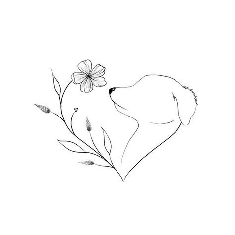 Floral Dog Print Tattoo, Dog Flower Drawing, Daisy Dog Tattoo, Cocker Spaniel Tattoo Minimalist, Dog And Flower Tattoo, Doggo Tattoo, Dog Tattoos For Women, Flower Outline Tattoo, Dog Outline Tattoo