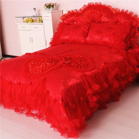 Sophisticated Elegant Sparkle Red Heart Vintage Victorian Lace Gathered Frilly Ruffle Girls Cotton Twin, Full, Queen Size #Bedding #Bedspread #Bedroom Sets Hipster Bedding, Bedroom Scene, Bedspreads Comforters, Pink Sheets, Heart Vintage, Victorian Lace, Vintage Victorian, Bedspreads, Bed Styling