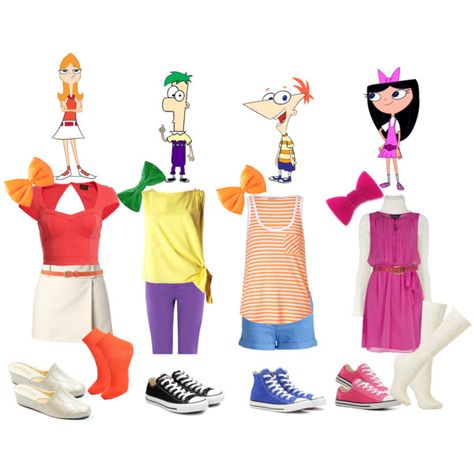 Phineas & Ferb's Character Outfits Cartoon Inspired Outfits, Phineas And Ferb Costume, Disney Character Outfits, Phineas E Ferb, Cute Group Halloween Costumes, Disney Dress Up, Disney Themed Outfits, Bff Halloween Costumes, Movie Inspired Outfits