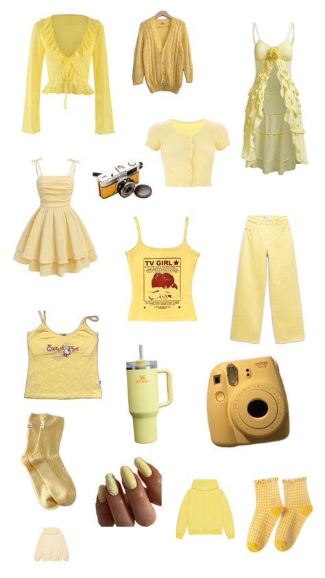 #yellow #aesthetic #clothes #color #collage #viralpost #stanleycup #nailsinspo #camera Light Yellow Outfit Aesthetic, Yellow 2000s Outfit, Suncore Outfits, Honey Core Aesthetic, Yellow Aesthetic Clothes, Light Yellow Outfit, Honeycore Aesthetic, Yellow Outfits, Basic Clothing