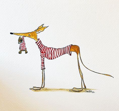 Whippet Dog Drawing, Watercolor Greyhound, Greyhound Sketch, Greyhound Drawing, Grey Hounds, Christmas Knitting Projects, Whippet Dog, Christmas Card Art, Watercolour Inspiration