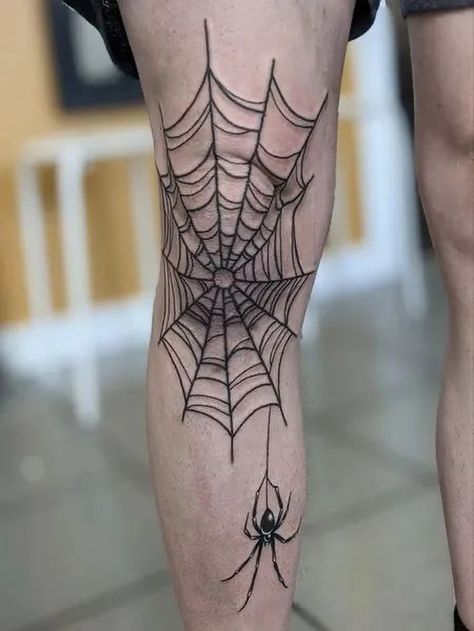 Spider Shin Tattoo, Spider Web Tattoo Kneecap, Traditional Spider Web Tattoo Design, Spider Web On Elbow, Checkered Tattoo, Sleeve Filler Ideas Men Arm Tattoo, Spider Web Knee Tattoo, Spider Web Tattoos, Symbolism Art