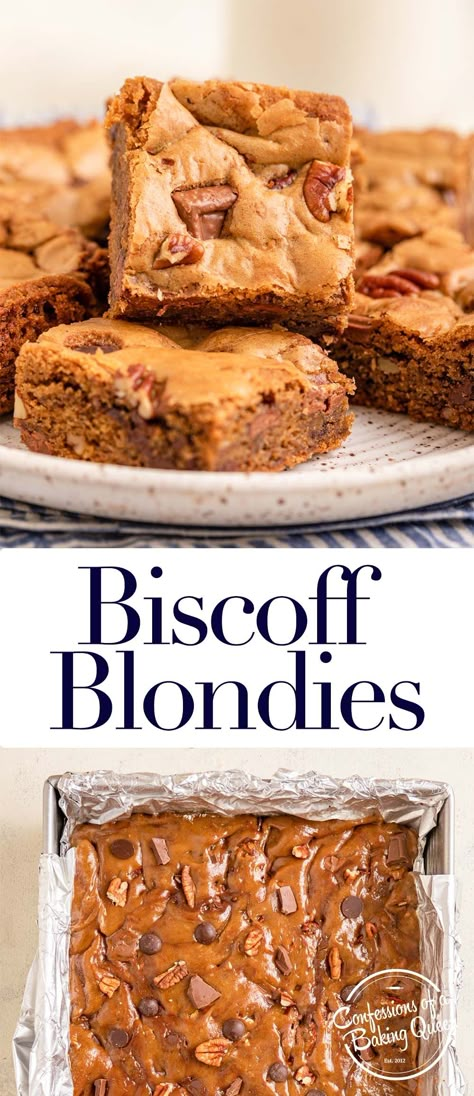 Thick and chewy Biscoff Blondies are full of cookie butter, chopped pecans, and chocolate chunks. Everyone loves this easy blondie recipe! Step by step photos teach you how to bake these bars! Brownie Blondies Recipe, Delish Recipes Desserts, Biscoff Cookie Bars, Interesting Baking Recipes, Biscoff Butter Recipes, Easy Blondies Recipe, Cookie Butter Blondies, Biscoff Blondies, Best Blondies Recipe