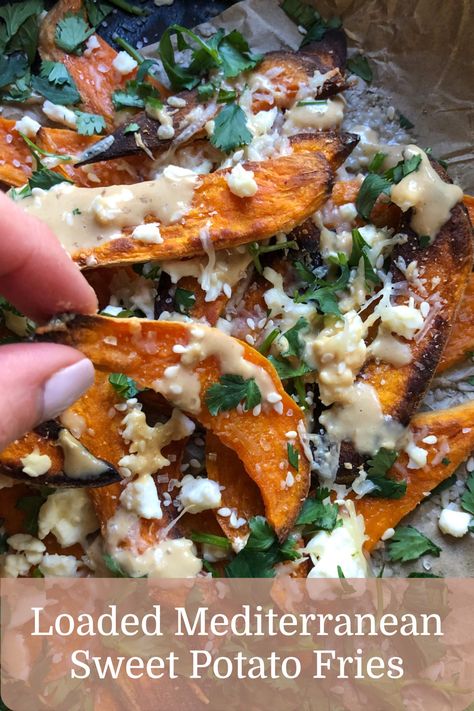 Half Baked Harvest Sweet Potato Fries, Sweet Potato Boats With Pecan Feta, Sweet Potato Fries Nachos, Mediterranean Loaded Fries, Mediterranean Sweet Potatoes, Whole30 Sweet Potato Fries, Loaded Sweet Potato Fries, Flexitarian Recipes, Late Night Snack