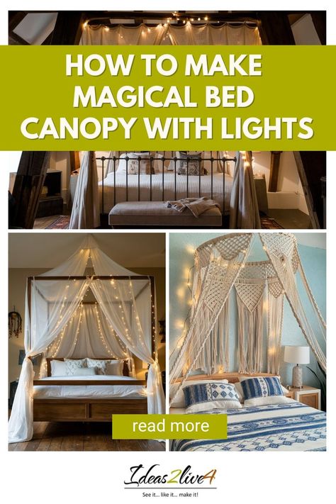 Bed Canopy With Lights: Transform your bedroom into a dreamy retreat with this DIY bed canopy! Learn how to add twinkling lights for an enchanting touch. Beachy Bed Canopy, Twinkle Lights On Canopy Bed, Bedroom Canopy Diy, Faux Bed Canopy, Fairy Lights Canopy Bed, Boho Canopy Bed Diy, Fairy Canopy Bed, Easy Canopy Bed Diy, Diy Bed Nook