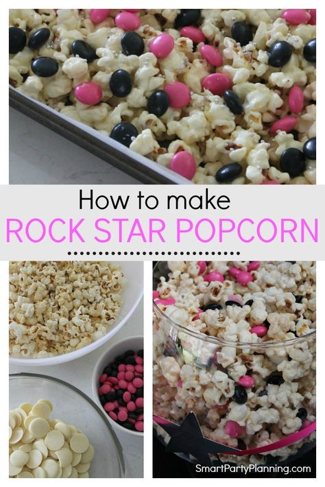 Learn how to make this easy rock star popcorn. Chocolate popcorn is an easy recipe to make, which is great for parties or movie nights. This rock star popcorn is bold, punchy and guaranteed to be a lot of fun to eat. Made with white chocolate, popcorn and chocolate bites, this will be rocking your taste buds. #Chocolatepopcorn #Rockstarparty Food For Rock And Roll Party, Rockstar Party Food, Rock Star Party Ideas, Rock And Roll Theme Party Food, Popcorn And Chocolate, Quick Snacks For Kids, Popcorn Chocolate, Pop Star Party, Rockstar Party