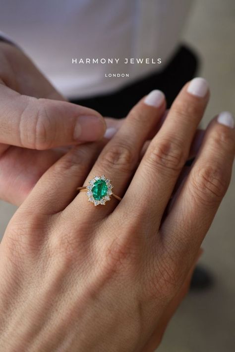 Diamond Ring With Emerald, Beautiful Wedding Makeup, Oval Halo Engagement Ring, Oval Cut Engagement Ring, Bespoke Engagement Ring, Dream Engagement, Dream Engagement Rings, Halo Engagement Rings, Emerald Engagement Ring