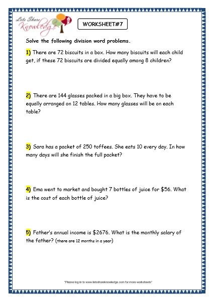 Grade 3 Maths Worksheets: Division (6.9 Division Word Problems) – Lets Share Knowledge Math Word Problems 4th Grade, Division Word Problems 3rd Grade, Division Worksheets 3rd Grade, Division Worksheets Grade 3, Grade 3 Maths Worksheets, Division Worksheets Grade 4, Word Problems 3rd Grade, Maths Homework, Math Division Worksheets