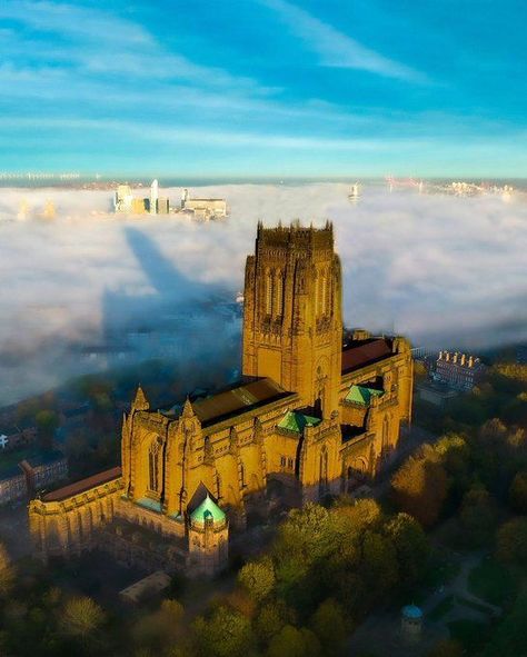 Liverpool - Liverpool Anglican Cathedral & St. James' Gardens/Cemetary (Fog) Liverpool Cathedral, Tower Bridge, Liverpool, Beautiful Places, House Styles, Travel