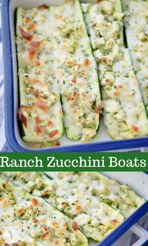 Ranch Zucchini Boats are stuffed with chopped fresh zucchini, garlic, Ranch seasoning, EVOO and shredded Mozzarella cheese. Ranch Zucchini, Baked Sweet Potato Casserole, Bacon Ranch Potato Salad, Zucchini Dinner Recipes, Parmesan Crusted Zucchini, Garlic Ranch, Zucchini Boat Recipes, Zucchini Side Dishes, Stuffed Zucchini Boats