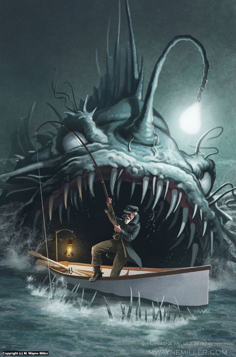 Angler in Darkness Artwork by Wayne Miller Sea Monster Art, Ocean Monsters, Scary Ocean, Ocean Images, Monster Artwork, Lovecraftian Horror, Angler Fish, Scary Art, Sea Monsters