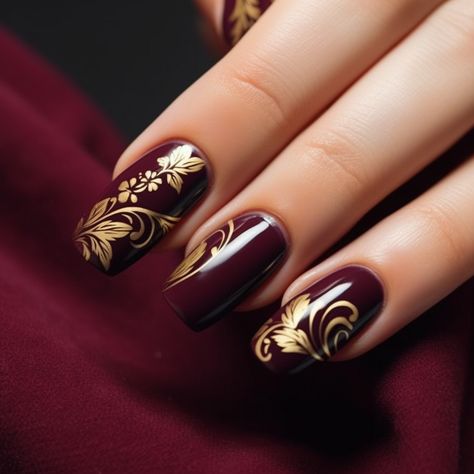 Fall Wedding Nails For Bride Burgundy, Gold And Burgundy Nails, Burgundy And Gold Nails, Wedding Gel Nails, Black Wedding Nails, 13 Nails, Black Christmas Nails, Winter Nails Design, Nails For 2023