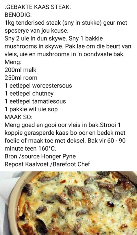 Gebakte Hoender Resepte, Vinnige Aandetes, Easy Meat Recipes, African Cooking, Salad Dressing Recipes Homemade, Homemade Cake Recipes, Beef Recipes For Dinner, Beef Recipes Easy, Bread Recipes Sweet