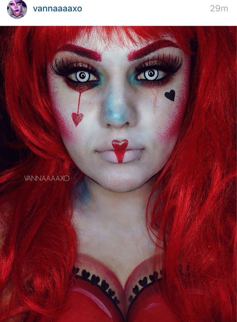 Creepy queen of hearts Hollowed Costumes, Hearts Makeup, Alice In Wonderland Makeup, Queen Of Hearts Halloween, Queen Of Hearts Makeup, Skull Face Paint, Heart Costume, Queen Of Hearts Costume, Cute Halloween Makeup