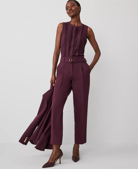 What To Wear With Plum Pants, Ann Taylor Work Outfits, Ann Taylor Outfits, Rose Gender, Clothes Capsule Wardrobe, Taper Pants, Burgundy Outfit, Tuxedo Women, Knitted Suit