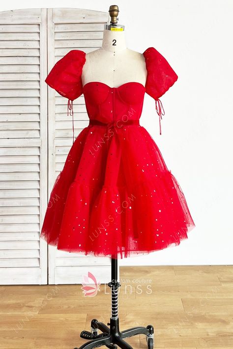 Sequinned Red Tulle Puff Sleeve Corset Homecoming Dress 1Y009 -  #1Y009 #corset #Dress #Homecoming #puff #Red #Sequinned #Sleeve #Tulle I Bet You Think About Me Dress, Red Tulle Dress Short, Red Poofy Dress, Red Dress Puffy Sleeves, Red Dress Puffy, Shiny Dress Short, Red Short Homecoming Dresses, Red Christmas Party Dress, Homecoming Dresses Sleeves