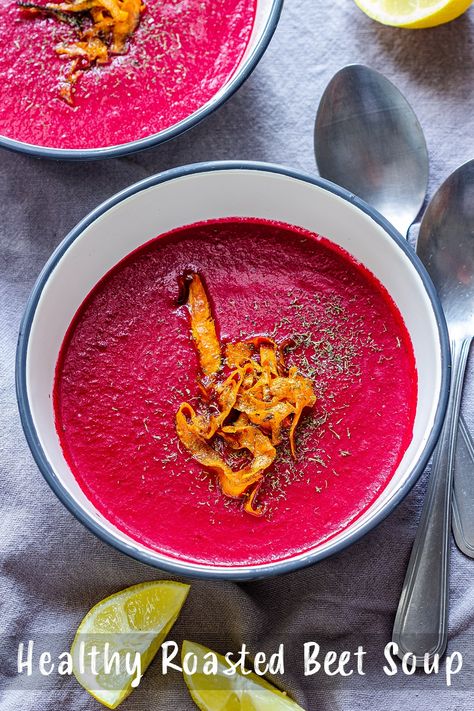 Oven roasted beet soup is a flavorful meal without cream, which makes it also suitable for vegans. It’s a healthy soup with earthy, sweet flavor and a hint of coconut. #beetsoup #soups Roasted Beet Soup Recipe, Recipes Beets, Roasted Beet Soup, Sunday Soup, Beet Soup Recipes, Roasting Beets In Oven, Creamy Vegetable Soup, Lost Kitchen, Creamy Tomato Basil Soup