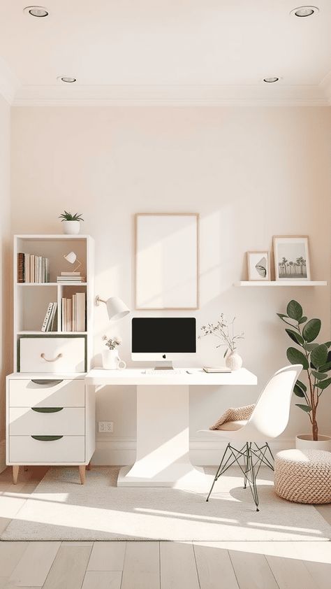 Explore high-end office decor ideas that exude sophistication and luxury for a truly posh workspace. Office Minimalist Design, Home Office Neutral, Minimalist Desk Decor, Modern Home Office Ideas, Simple Office Decor, Minimal Home Office, Plum Walls, Small Home Office Ideas, Home Office Aesthetic