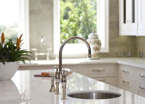 fantastic small round sink in marble kitchen island and polished nickel bridge faucet. Island Prep Sink, Kitchens Marble, Marble Kitchen Worktops, Sink Island, Round Kitchen Sink, Vegetable Sink, Kitchen Prep Sink, Round Kitchen Island, Island Sink