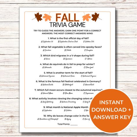 "Have fun this autumn with this fall trivia game. It is a great way to add some fall themed activities to your party or family get together this season! This printable fall game is perfect for the entire family. This is a digital download. No Physical product will be sent. This item is not editable. Included:  * 1 US letter game card  * 5\"x7\" game cards (2 per page on US letter) * Answer key Instructions: * Download your game from the email Etsy will send you or from the purchases section of your Etsy account * Print your game (print and cut out if using 5\"x7\" game card) * Have fun playing * Contact me if you have any questions about this item" Fall Activities For Adults, Fall Trivia, Thanksgiving Facts, Fall Games, Letter Games, Fun Fall Activities, Themed Activities, Trivia Game, Activities For Adults