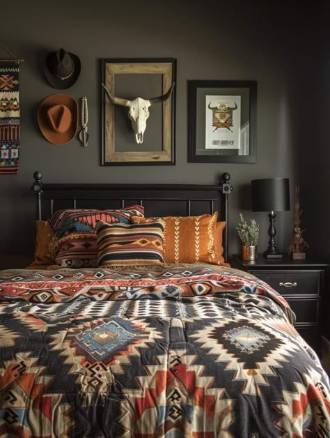 Aztec Theme Bedroom, Western Room Color Ideas Paint, Western Makeup Room, Mens Western Bedroom Ideas, Native American Room Ideas, Teen Boy Western Bedroom, Western Room Colors, Western Theme Room Decorating Ideas, Western Bedrooms Ideas