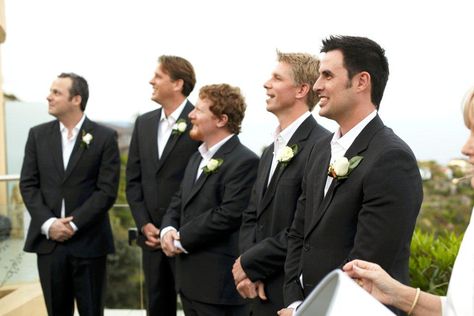 Groomsmen and Groom in black suits, no ties.  Difference from here: Groomsmen in purple shirts, Groom in white shirt so he stands out from the rest Charcoal Suits, Groom In White, Ocean's Eleven, Purple Shirts, Armani Suit, Groomsmen Ideas, Groomsmen Looks, Women Unite, Dusty Pink Dresses