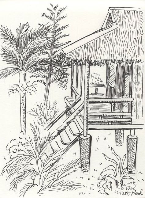 Travel sketch: tropical hut, Philippines Bahay Kubo Drawing Sketch, Rice Terraces Philippines Drawing, Kulturang Pilipino Drawing, Bahay Kubo Tattoo, Philippine Architecture Drawing, Bahay Kubo Sketch, Philippine Culture Drawing, Bahay Kubo Drawing Easy, Philippine Art Artworks