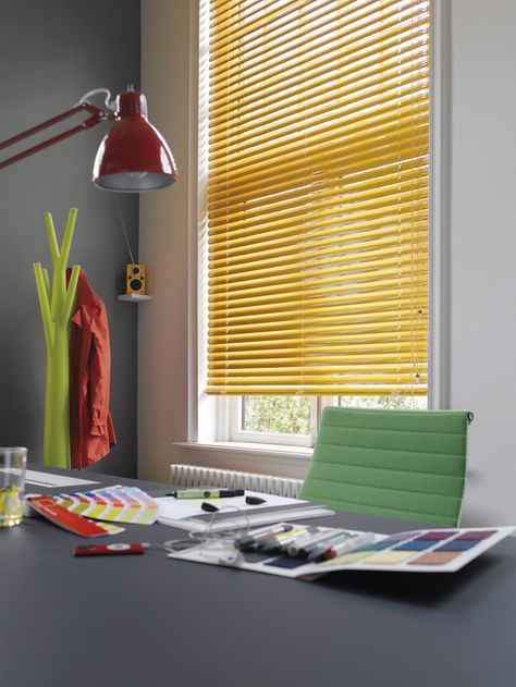 Show some support fro #Brazil. Inject colour into a white room with a bright #Luxaflex metal blind, bold accessories and a comfy neon chair.  #office #blinds#colour. Call #Amity now on 01689878418 or visit amityblinds. Com for more details Metal Blinds, Office Blinds, Chair Office, Bold Accessories, Venetian Blinds, White Room, Roller Blinds, Shades Of Yellow, Window Decor