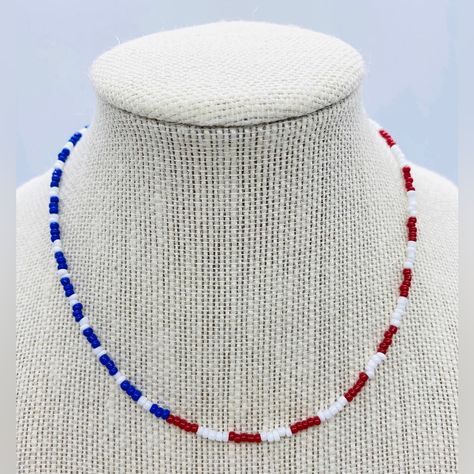 Red, White, Blue Flag Beaded Necklace New With Tag (Nwt) Handcrafted & From A Small Boutique Perfect Patriotic Necklace Looks Great Paired With Other Necklaces 14 Inches Long With A 1.5 Inch Adjustable Extender Chain Lobster Claw Closure This Is A Trendy Piece That May Tarnish When Exposed To Moisture, Oils, Salts, & Acids As It Is Made With Non-Precious Stones & Metals Bracelet Stack In Pictures Is Listed Separately In My Closet Beach Beaded Necklace, Necklaces Trendy, Amethyst Stone Necklace, Flag Beads, Colorful Bead Bracelets, Ivory Necklace, Summer Concerts, Czech Glass Necklace, Patriotic Jewelry