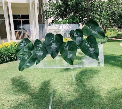 Leaf Seating Chart, I Calligraphy, Tropical Centerpieces, Wedding Table Seating Chart, Reception Table Settings, Seating Plans, Table Seating Chart, Wedding Table Seating, Event Sign