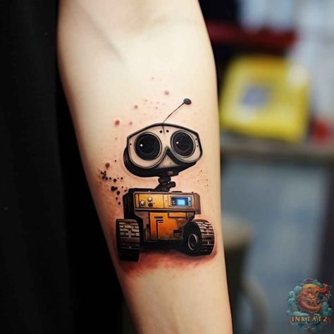 44 Wall-E Tattoos: A Look at the Growing Trend in Pop Culture - inktat2.com Walle Tattoo Disney, Inside Out Tattoo Disney, Walle And Eve Tattoos, Wall E And Eve Tattoo, Wall E Drawing, Wall E Tattoo, Small Disney Tattoos, Movie Character Tattoos, Eve Tattoo