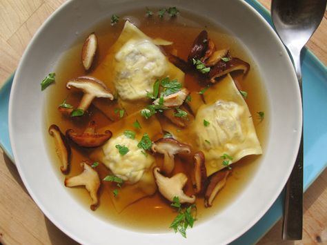 Homemade Mushroom Ravioli in a Mushroom Broth Homemade Mushroom Ravioli, Ravioli Soup, Mushroom Ravioli, Mushroom Broth, Homemade Ravioli, Lasagna Pasta, Soup And Stew, Homemade Pasta, Mushroom Recipes