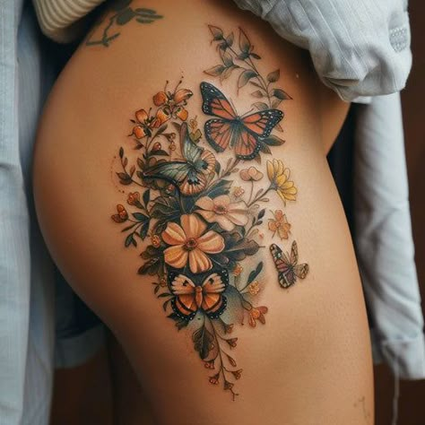 Hip Tattoo Tattoo Master Files Wildflower Knee Tattoo, Flower Hip Tattoos Women, Beautiful Thigh Tattoos For Women, Highlander Cow Tattoo, Outer Thigh Tattoos Women, Lower Belly Tattoos For Women Cover Up, Floral Hip Tattoo Thigh Piece, Women’s Hip Tattoo, Fertility Tattoos For Women