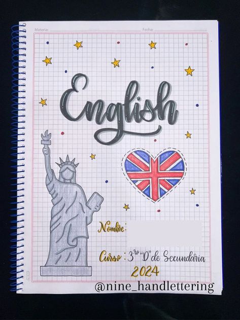 English Portada, Ingles Aesthetic, Book Cover Page Design, English Day, Tombow Fudenosuke, School Book Covers, Book Cover Page, School Creative, Pretty Notes