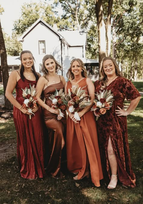 Burnt Orange Weddings Bridesmaid Dress, Mixed Bridesmaid Dresses Fall, Mixed Bridesmaid Dresses, Matching Bridesmaids Dresses, Bridal Era, Maroon Bridesmaid, Rust Bridesmaid Dress, Unique Bridesmaid Dresses, Fall Bridesmaids