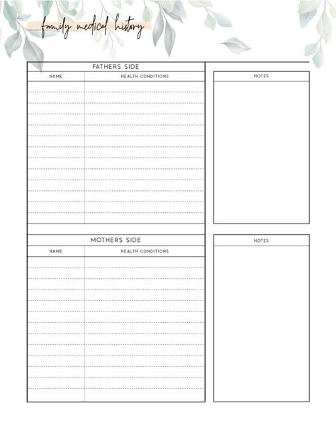 Medical History Printable Free, Family Medical History Printable Free, Medical History Template, Family Binder Free Printables, Health Binder, Family History Printables, Family Medical History, History Template, Medical Printables