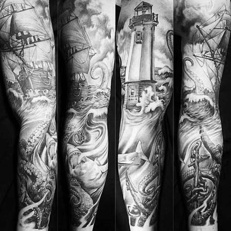 40 Nautical Sleeve Tattoos For Men - Seafaring Ink Deisgn Ideas Sea Tattoo Sleeve, Ship Tattoo Sleeves, Nautical Sleeve, Ocean Sleeve Tattoos, Nautical Tattoo Sleeve, Ocean Sleeve, Bodysuit Tattoos, Christian Sleeve Tattoo, Tattoo Diy