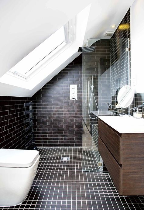 Bathroom Pitched Roof, Loft Bathroom Ideas Sloped Ceiling, Small Loft Bathroom, Bathroom In The Attic, Loft Conversion Bathroom, Eaves Bathroom, Angled Bathroom, Tiny Attic Bathroom, Loft Bathroom Ideas