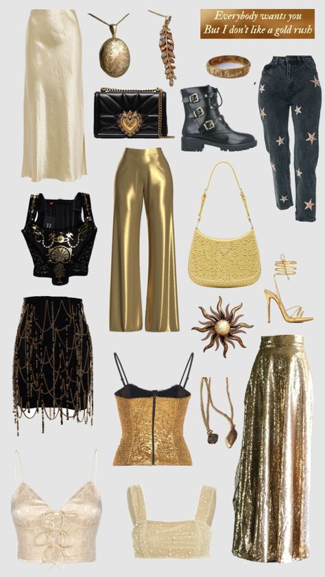 “I don’t like a gold rush” #goldrush #taylorswift #erastour #erastouroutfits Gold Rush Outfit Ideas, Gold Taylor Swift Outfits, Taylor Swift Gold Rush Outfit, Gold Rush Eras Tour Outfit, Gold Eras Tour Outfit, Gold Rush Taylor Swift Outfit, Gold Concert Outfit, Gold Rush Outfit, Gold Rush Aesthetic