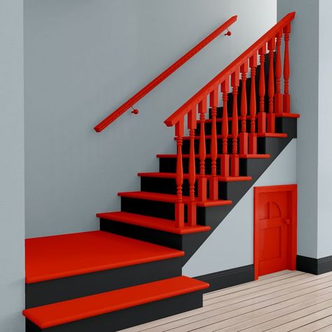 Interesting Stairs, Stairs Painting, Red Staircase, Penny Floor, House Main Gates Design, Ventilation Design, Mosaic Floor, Painted Stairs, Modern Stairs